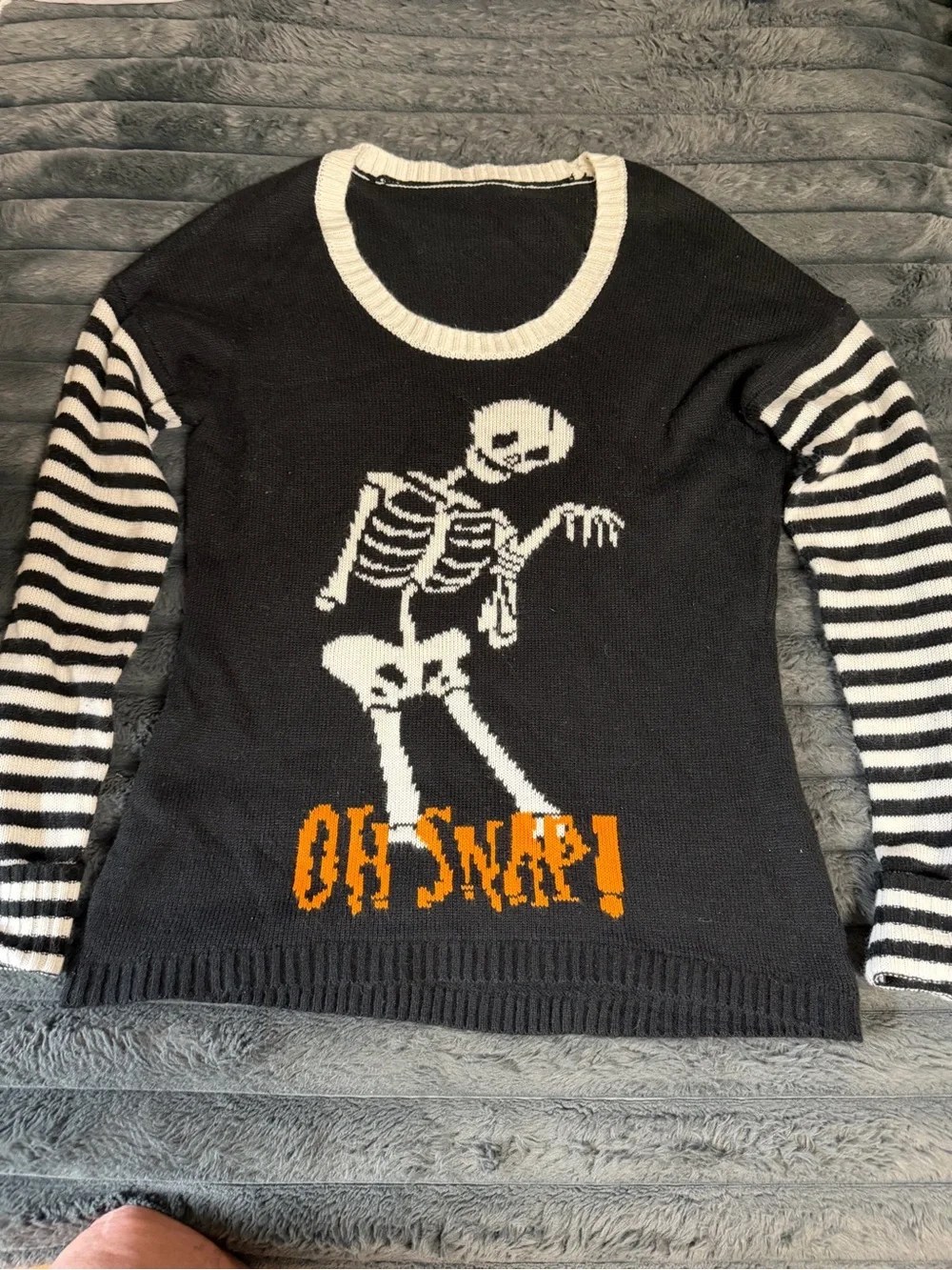 Black & White Skeletal Graphic Crewneck Sweater with Orange Accent